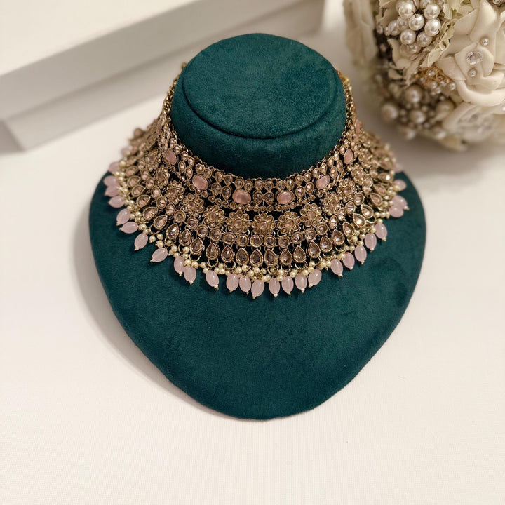 Pink Polki Indian Bridal Jewelry Set: Necklace, Earrings, Sahara & Maang Tikka