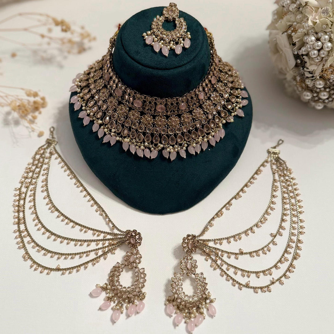 Pink Polki Indian Bridal Jewelry Set: Necklace, Earrings, Sahara & Maang Tikka