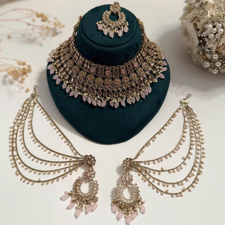 Pink Polki Indian Bridal Jewelry Set: Necklace, Earrings, Sahara & Maang Tikka