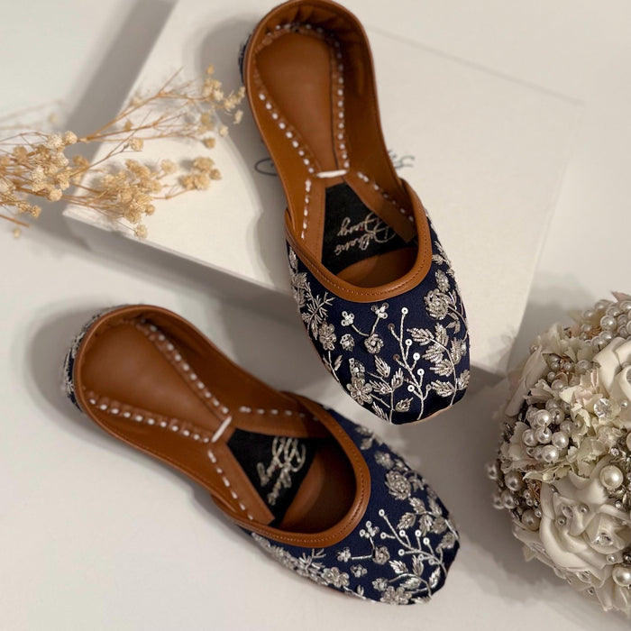 Midnight Blue Bridal Khussa Jutti: Handmade Thread Work Flat