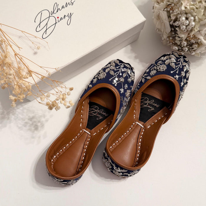 Midnight Blue Bridal Khussa Jutti: Handmade Thread Work Flat
