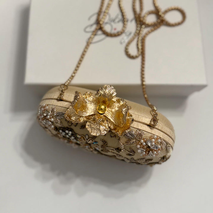 Gold Bridal Clutch: Zardozi Crystal Floral Wedding Wristlet
