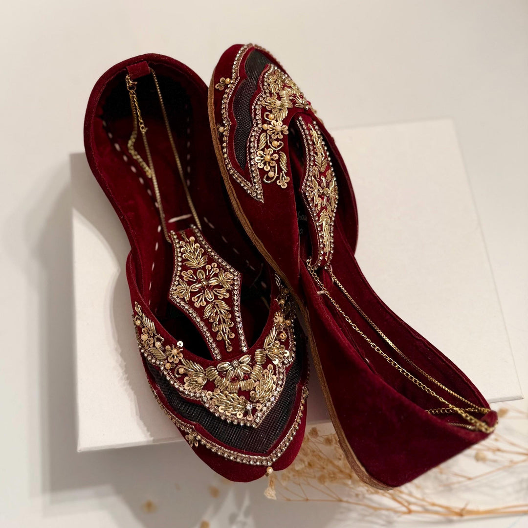 Handmade Maroon Bridal Khussa: Wedding Shoes with Anklet