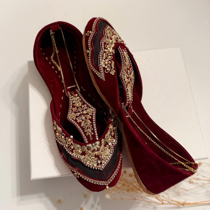 Handmade Maroon Bridal Khussa: Wedding Shoes with Anklet