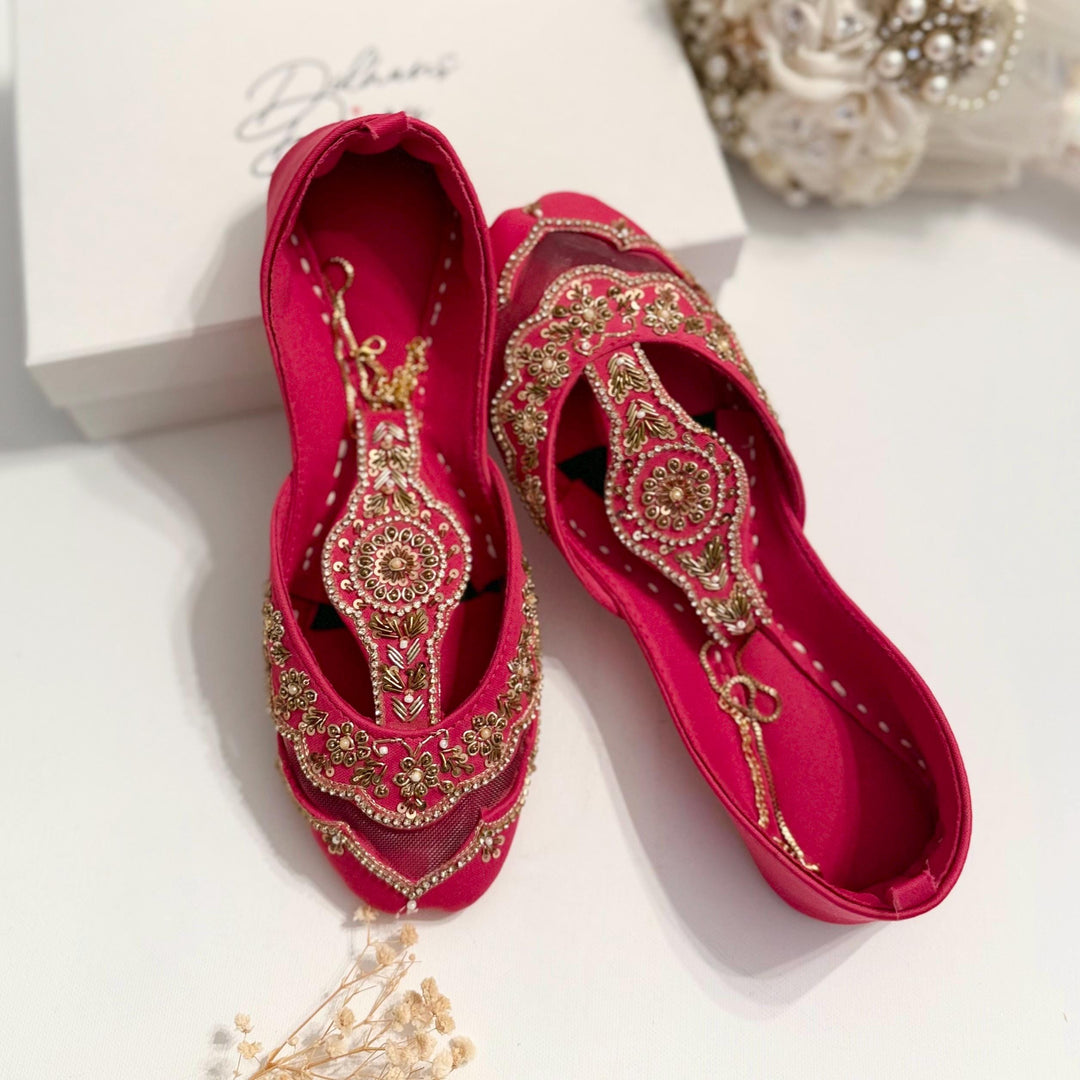 Handmade Fuchsia Bridal Khussa: Wedding Shoes with Anklet