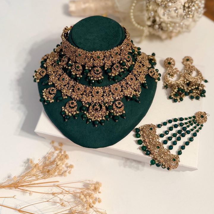 Indian Bridal Necklace Set: Gold Plated Kundan Jewelry, Green Crystal Embellishments