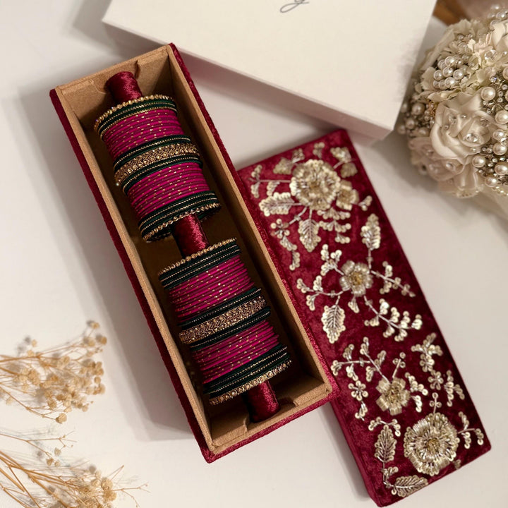 Handmade Maroon Velvet Bangle Box: Gold Zardozi Bridal Gift