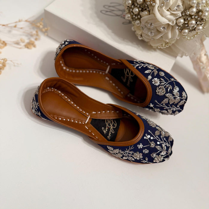 Midnight Blue Bridal Khussa Jutti: Handmade Thread Work Flat