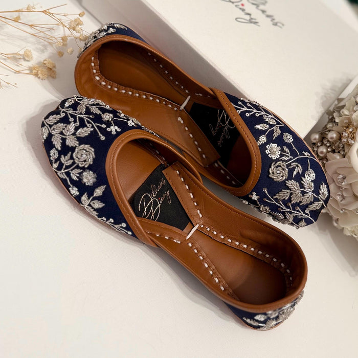 Midnight Blue Bridal Khussa Jutti: Handmade Thread Work Flat
