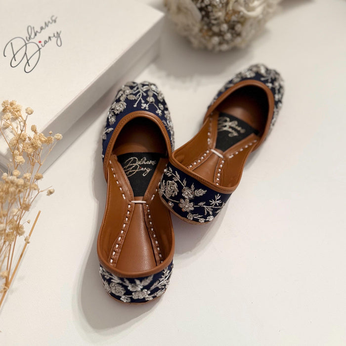 Midnight Blue Bridal Khussa Jutti: Handmade Thread Work Flat
