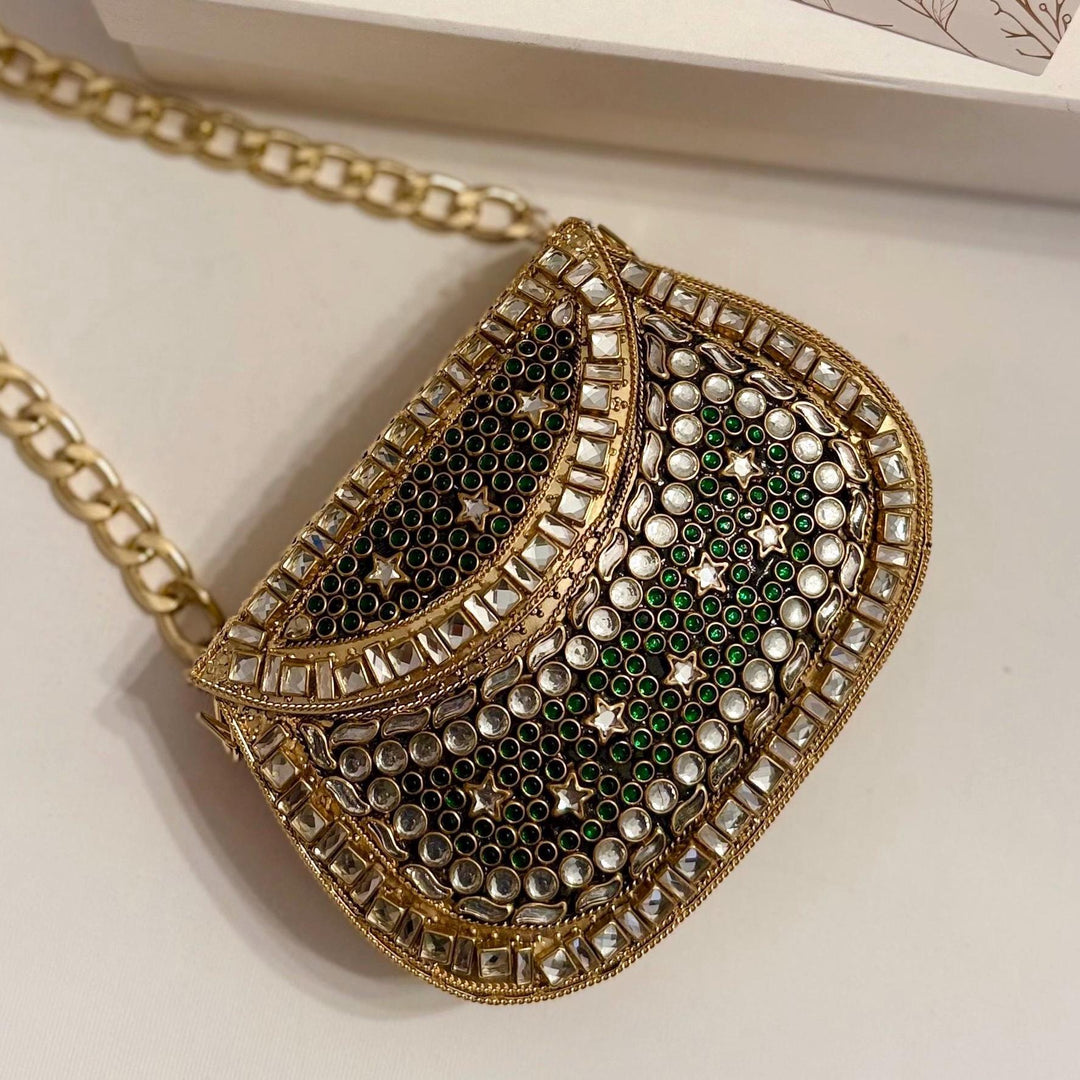 Green Kundan Clutch: Mini Metal Statement Bag