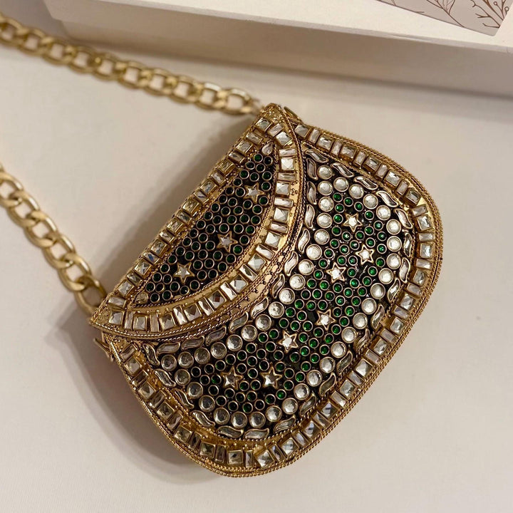 Green Kundan Clutch: Mini Metal Statement Bag