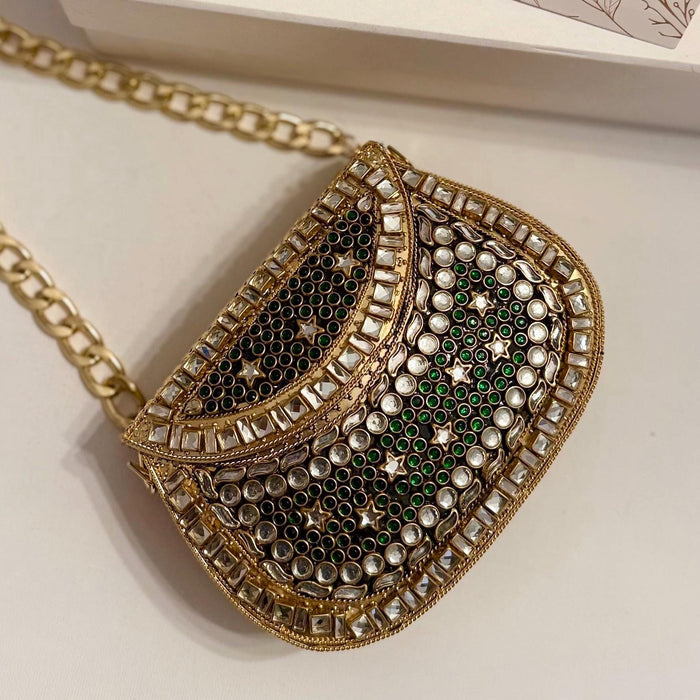 Green Kundan Mini Metal Statement Bag