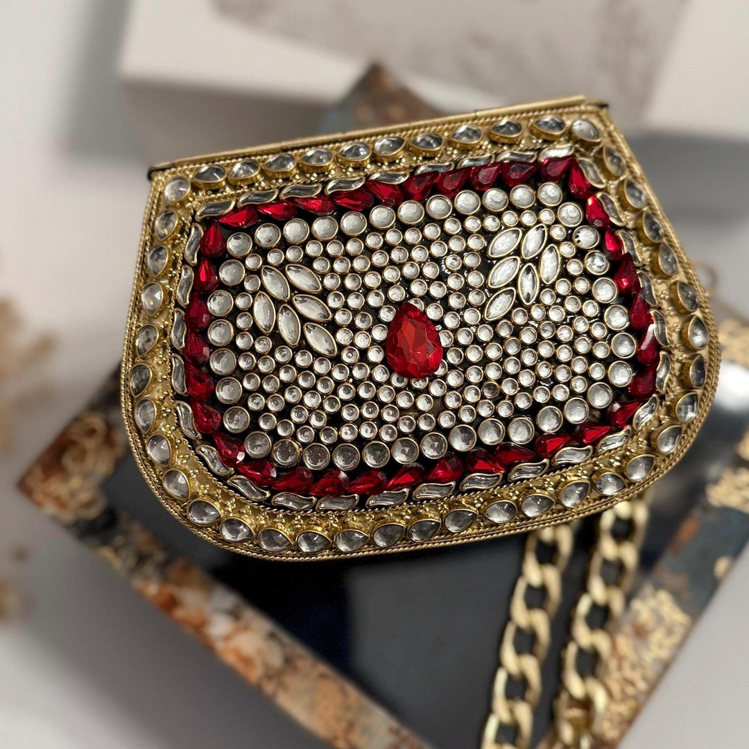 Red Kundan Clutch: Mini Metal Statement Bag