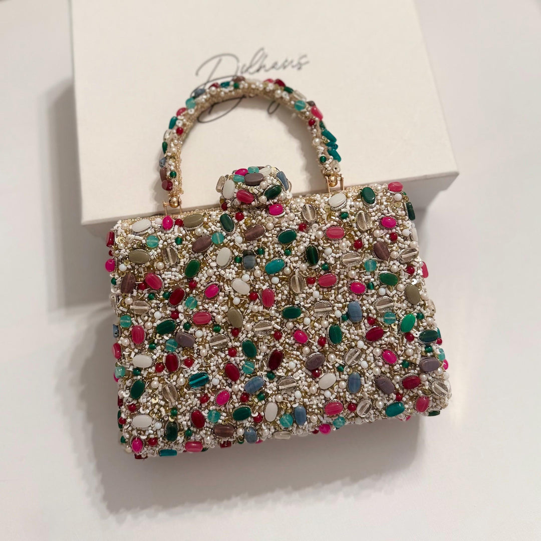 Handmade Gemstone Top Handle Clutch: Multi-Color Beaded Evening Bag