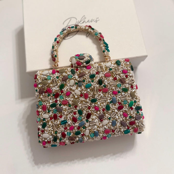 Handmade Gemstone Top Handle Clutch: Multi-Color Beaded Evening Bag