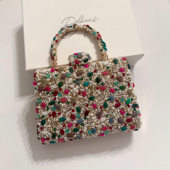 Handmade Gemstone Top Handle Clutch: Multi-Color Beaded Evening Bag