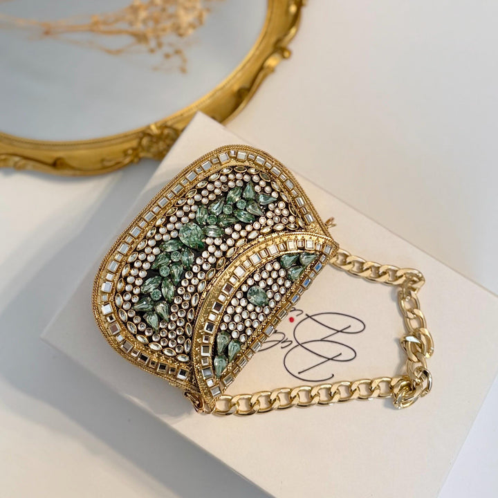 Sage Green Kundan Clutch: Mini Metal Statement Bag