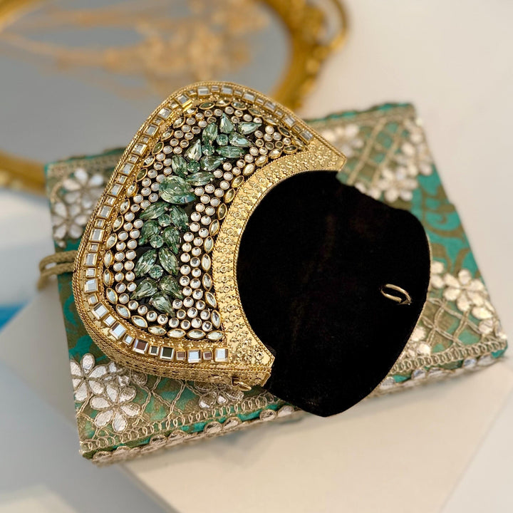 Sage Green Kundan Clutch: Mini Metal Statement Bag