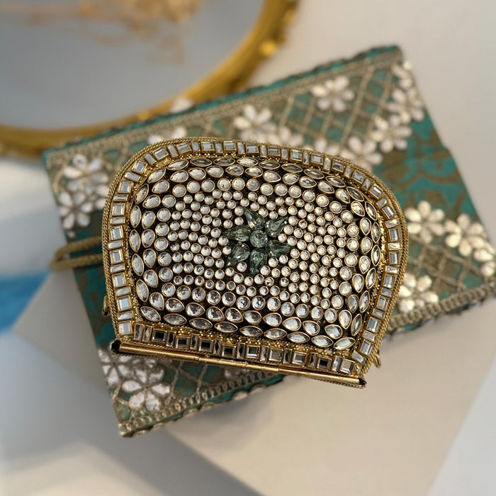 Sage Green Kundan Clutch: Mini Metal Statement Bag