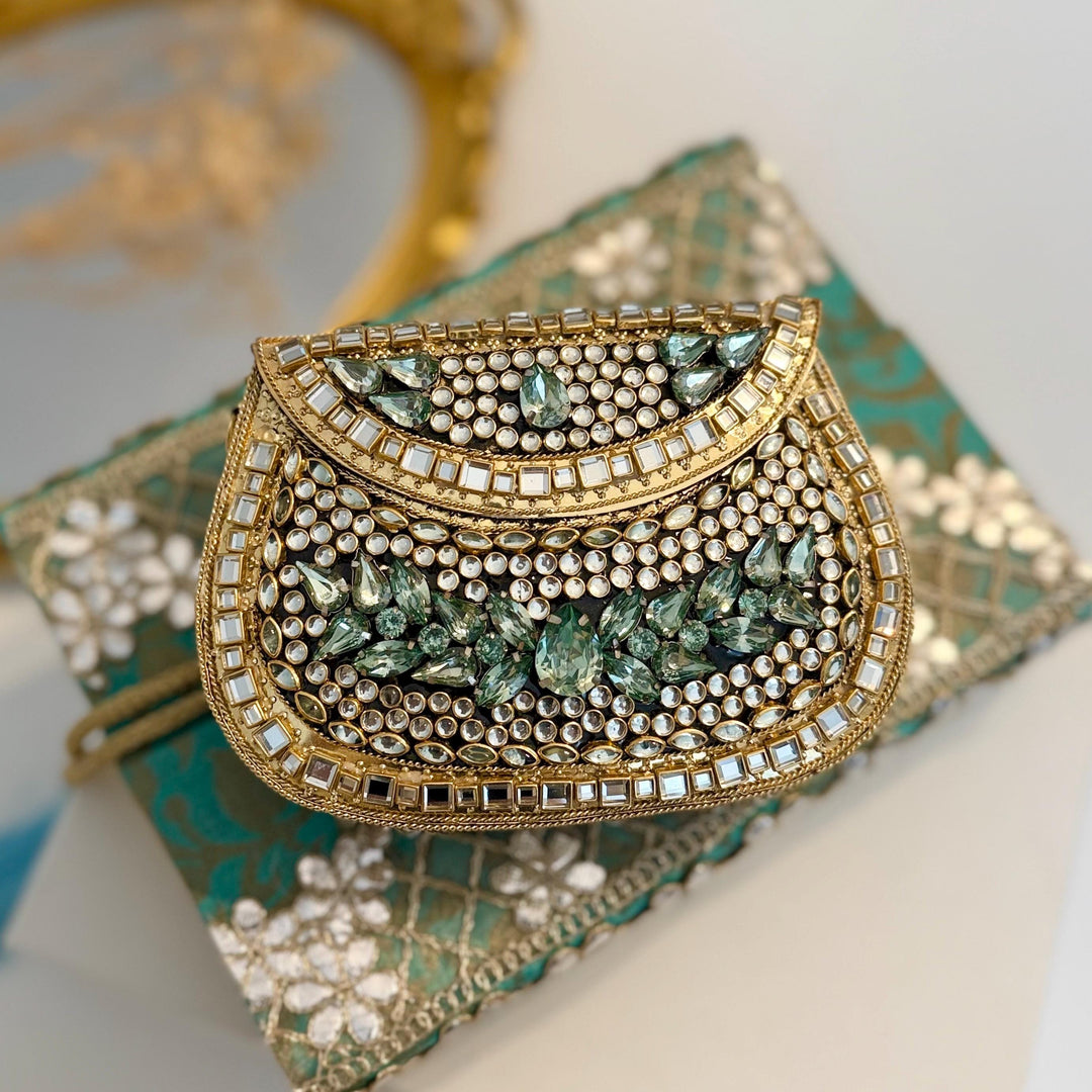 Sage Green Kundan Clutch: Mini Metal Statement Bag