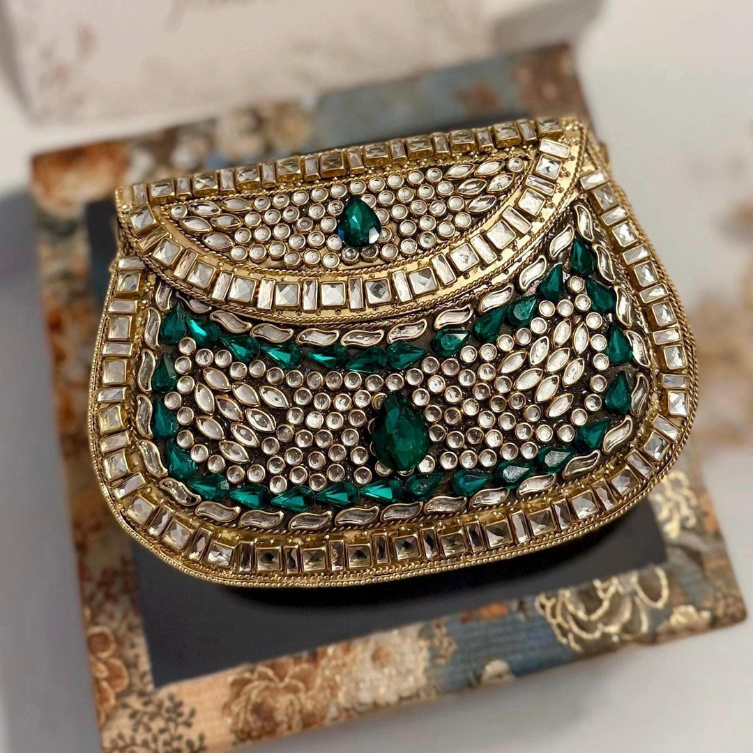 Green Kundan Stone Clutch: Mini Metal Statement Bag
