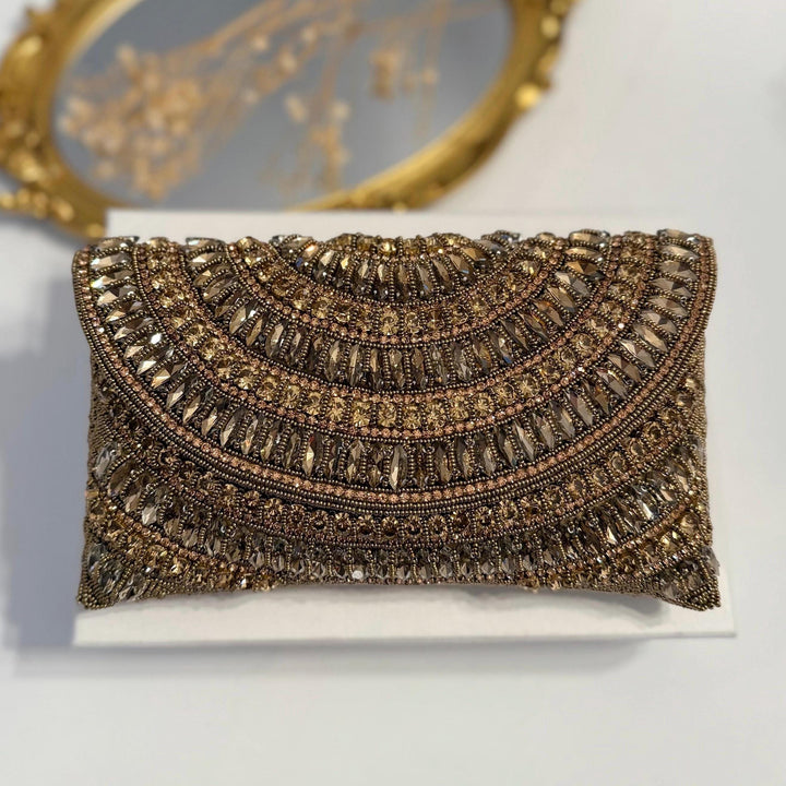 Golden Age | Crystal Embellished Bronze Bridal Handmade Evening Wristlet Clutch | Envelope Clutch