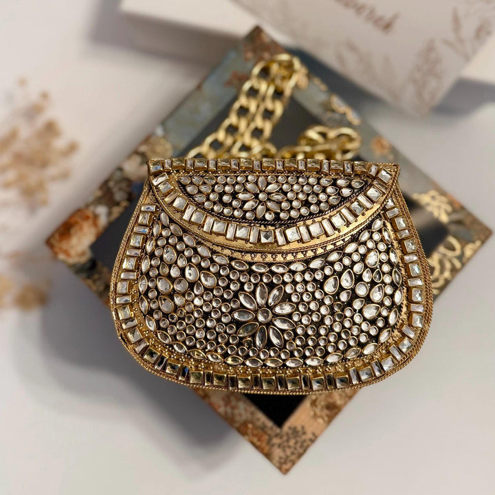 Kundan Stone Mini Clutch: Gold & Silver Dual Tone Evening Bag