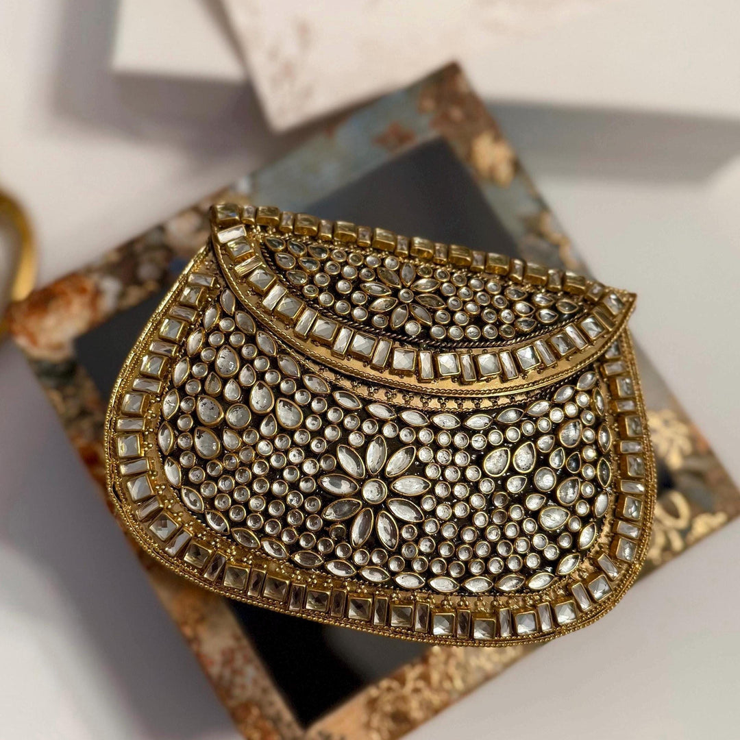 Kundan Stone Mini Clutch: Gold & Silver Dual Tone Evening Bag