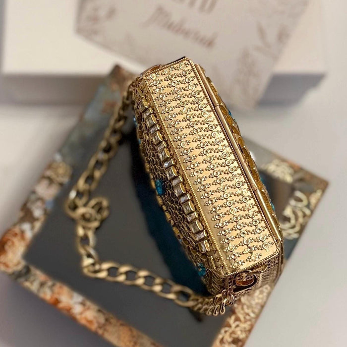 Blue Kundan Clutch Mini Metal Statement Bag