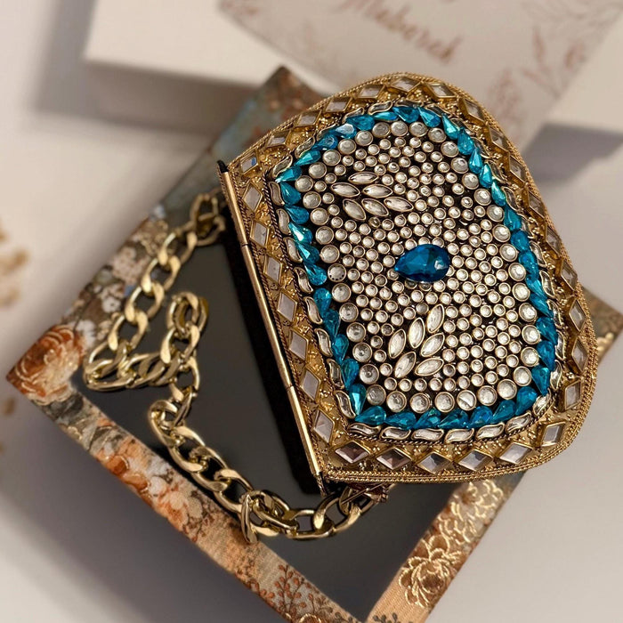 Blue Kundan Clutch Mini Metal Statement Bag