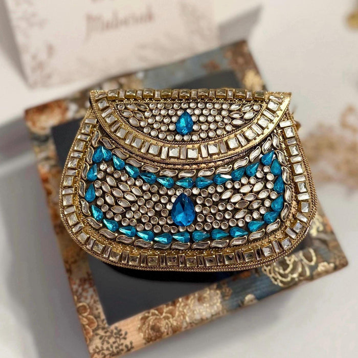 Blue Kundan Clutch Mini Metal Statement Bag