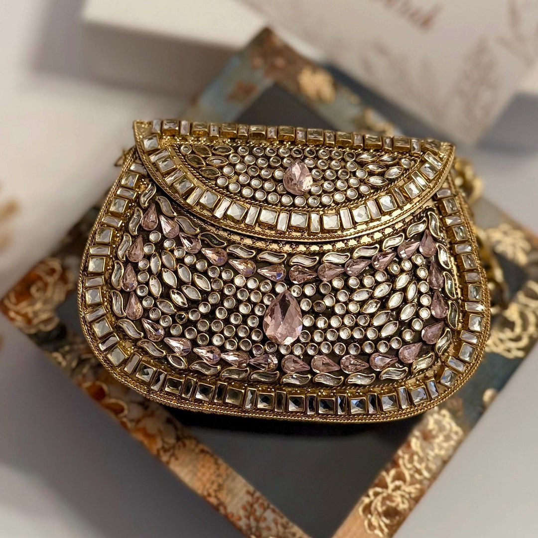 Pink Kundan Mini Clutch: Metal Statement Bag