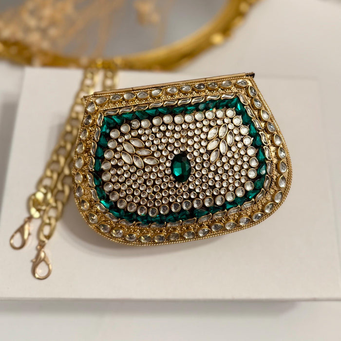 Green Kundan Stone Clutch: Mini Metal Statement Bag