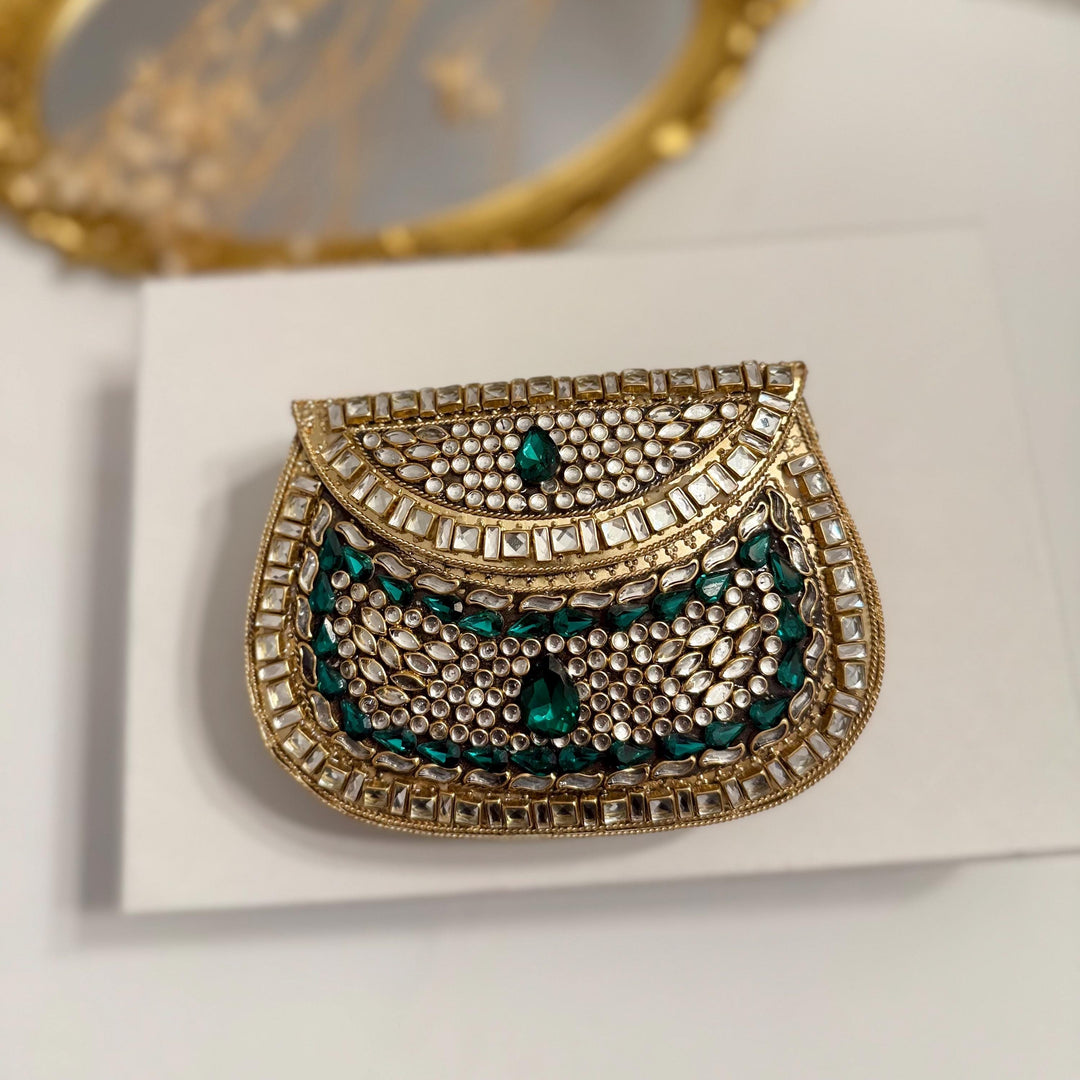 Green Kundan Stone Clutch: Mini Metal Statement Bag