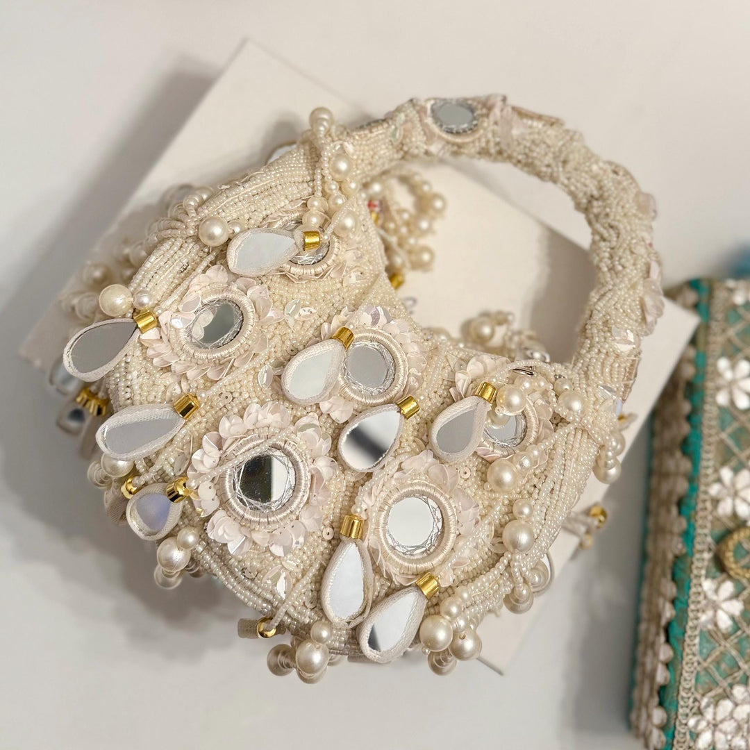 Ivory Beaded Bridal Top Handle Bag: Mirror Work Potli Bag