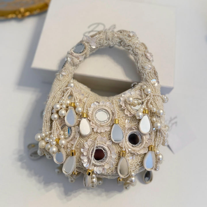 Ivory Beaded Bridal Top Handle Bag: Mirror Work Potli Bag