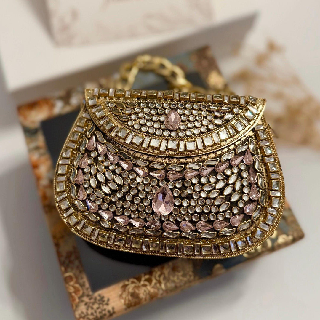 Pink Kundan Mini Clutch: Metal Statement Bag