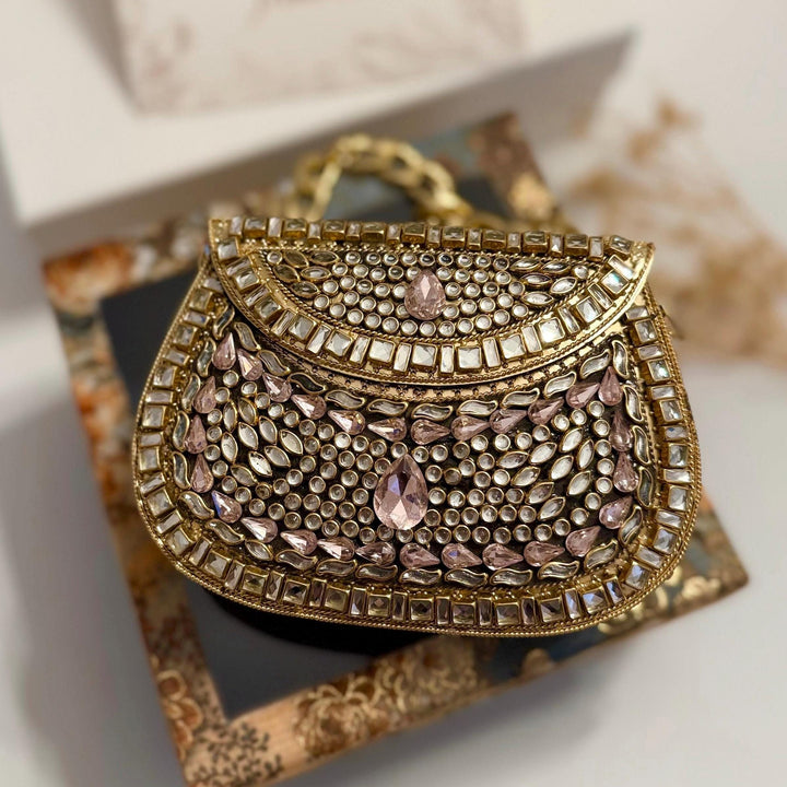 Pink Kundan Mini Clutch: Metal Statement Bag