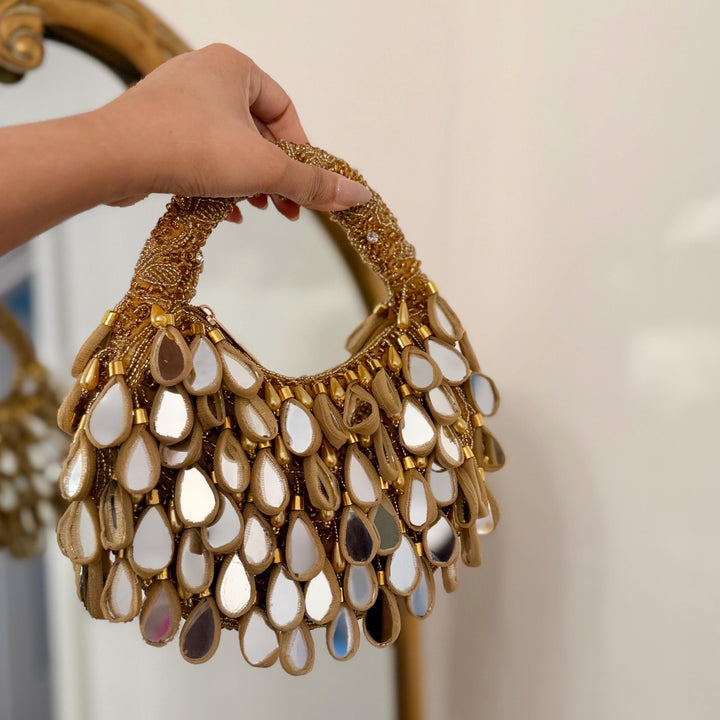 Gold Top Handle Mirror Bag | Handmade Beaded Evening Bag