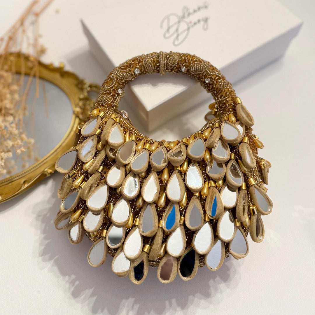 Gold Top Handle Mirror Bag | Handmade Beaded Evening Bag