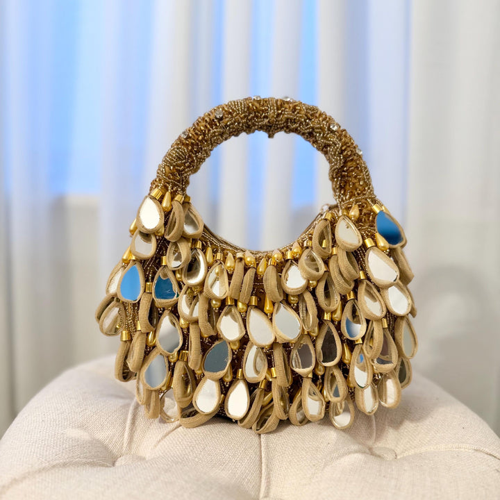 Gold Top Handle Mirror Bag | Handmade Beaded Evening Bag