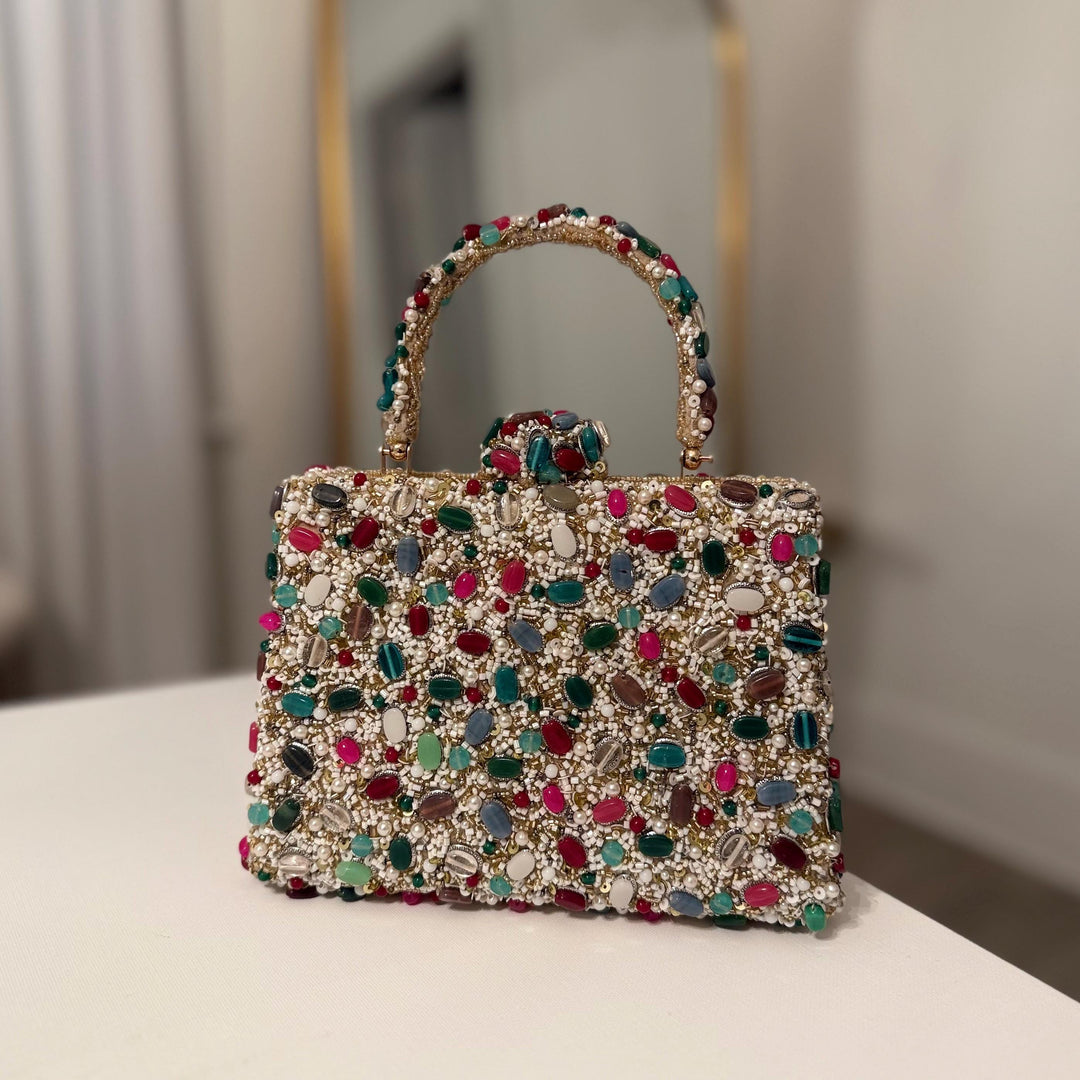 Handmade Gemstone Top Handle Clutch: Multi-Color Beaded Evening Bag
