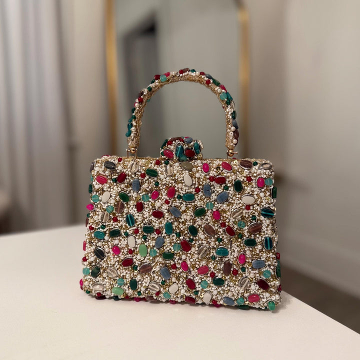 Handmade Gemstone Top Handle Clutch: Multi-Color Beaded Evening Bag