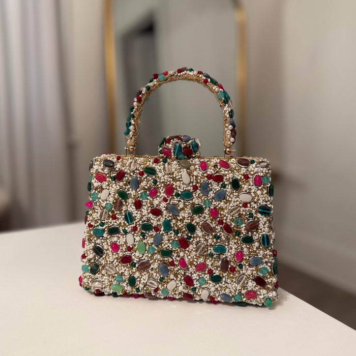 Handmade Gemstone Top Handle Clutch: Multi-Color Beaded Evening Bag