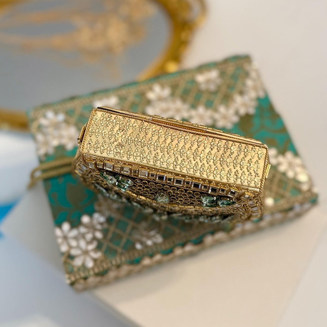 Sage Green Kundan Clutch: Mini Metal Statement Bag