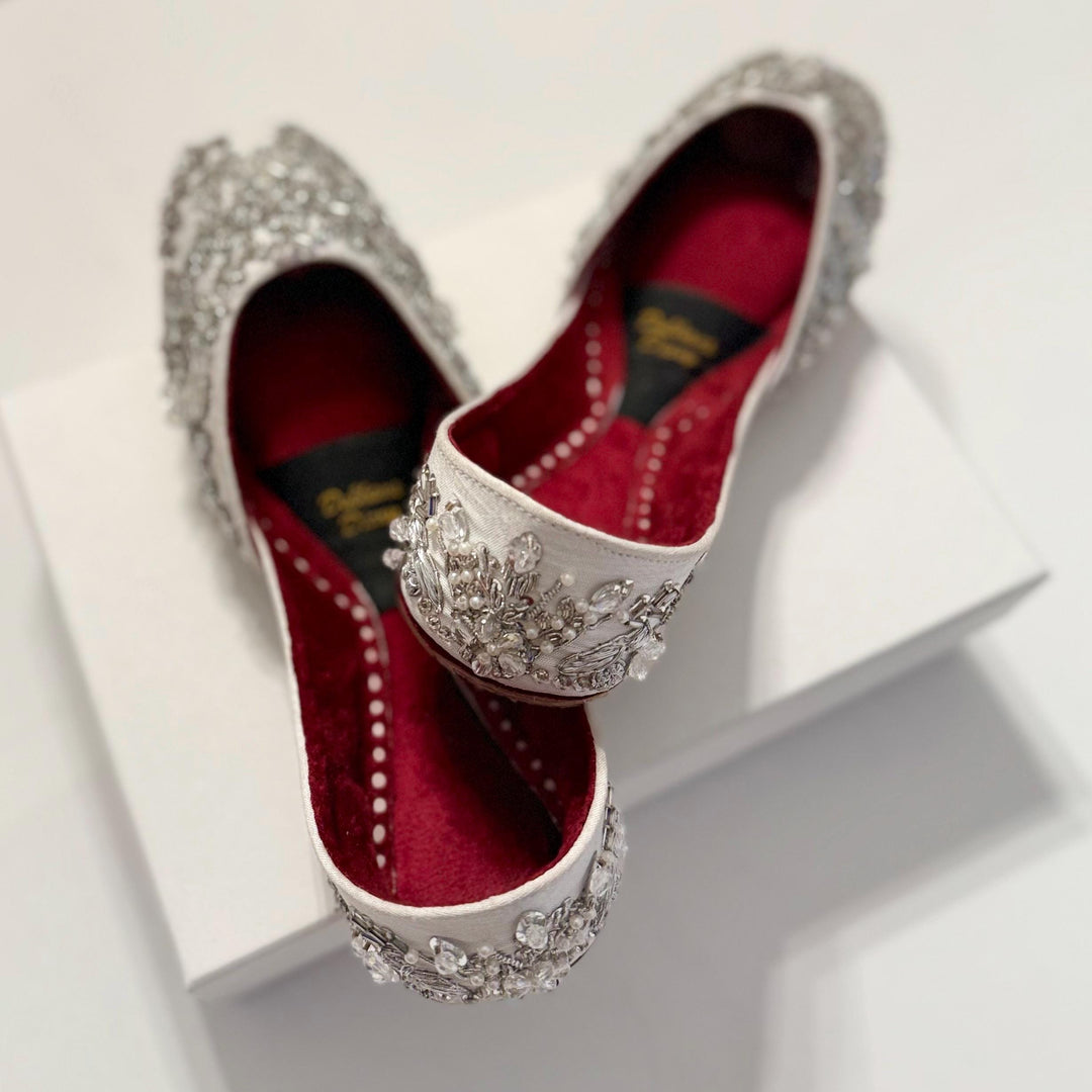 Handmade Silver Bridal Juttis: Sequin & Zardozi Embroidered Wedding Shoes