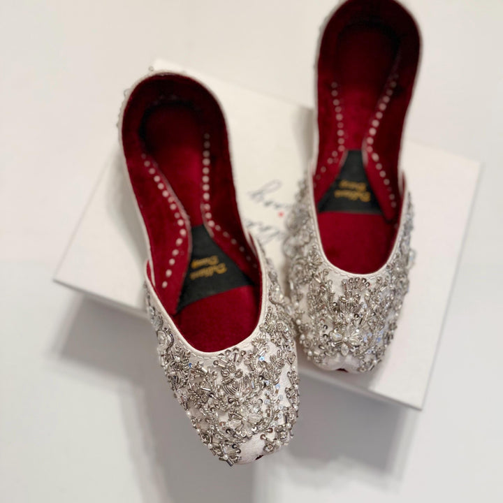 Handmade Silver Bridal Juttis: Sequin & Zardozi Embroidered Wedding Shoes