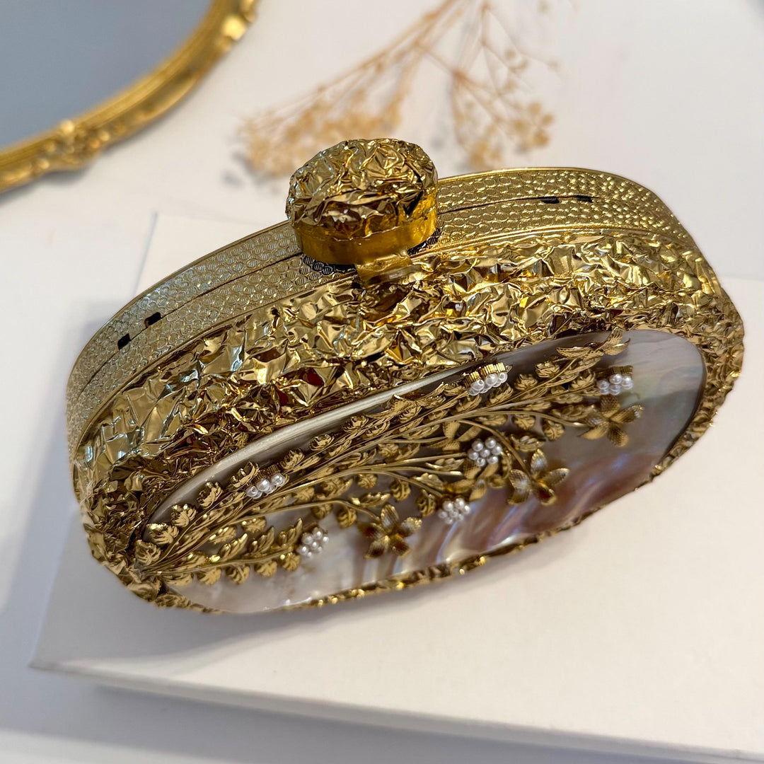 Mother of Pearl Clutch: Gold Floral Bridal Evening Bag