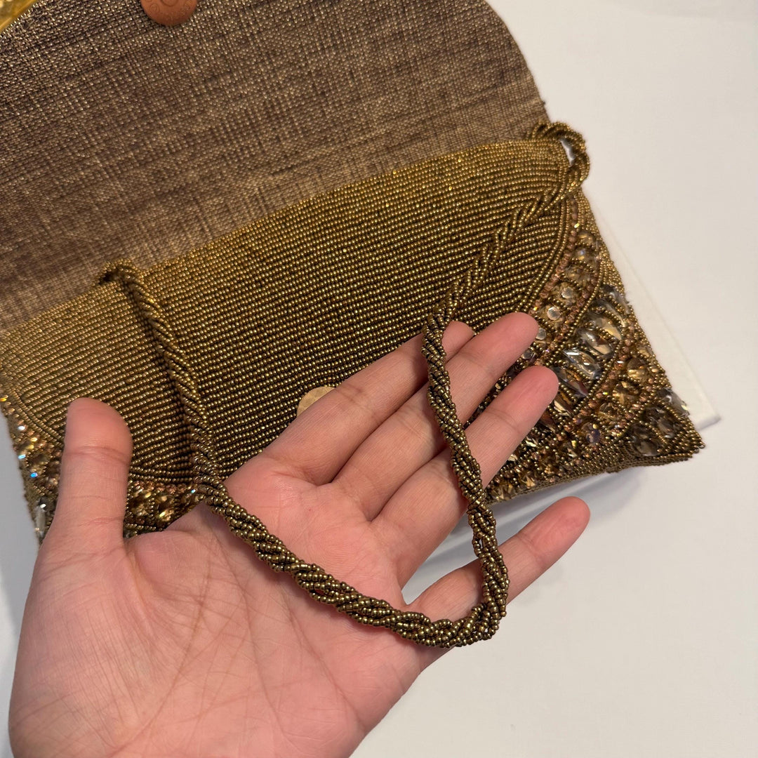 Golden Age | Crystal Embellished Bronze Bridal Handmade Evening Wristlet Clutch | Envelope Clutch